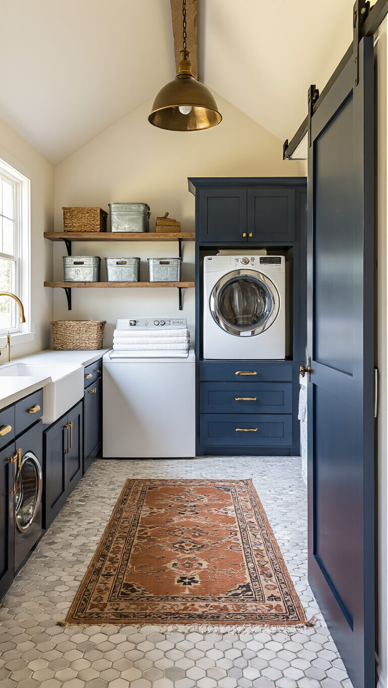 Corner view of a modern farmhouse laundry room with stacked machines, navy shaker cabinets, brass hardware, and rustic shelving under cathedral ceiling in golden hour light.