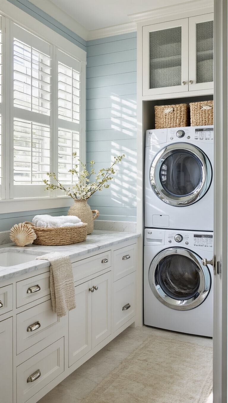 Coastal-style laundry room with white stacked machines, blue-gray beadboard, seeded glass cabinets, natural fiber baskets, and marble countertop in morning light.