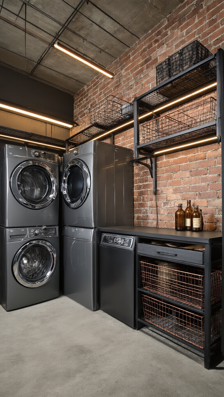 Industrial chic 6'x6' laundry room with graphite stacked machines, exposed brick wall, black steel shelving, concrete floors, copper accents, and moody side lighting.