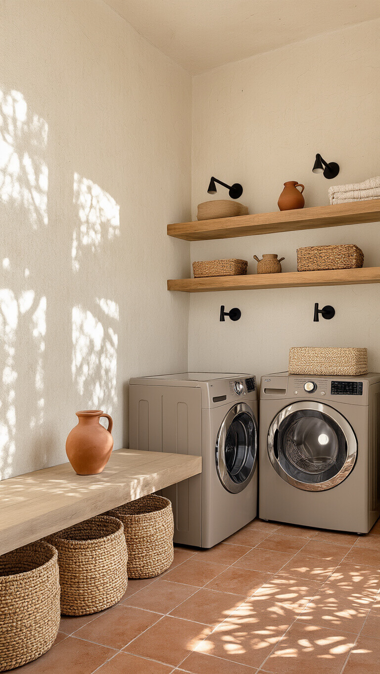 Desert modern laundry room with stacked taupe machines, white stucco walls, terracotta tile floor, raw wood shelves, black hardware, and organic accents in warm golden hour light.