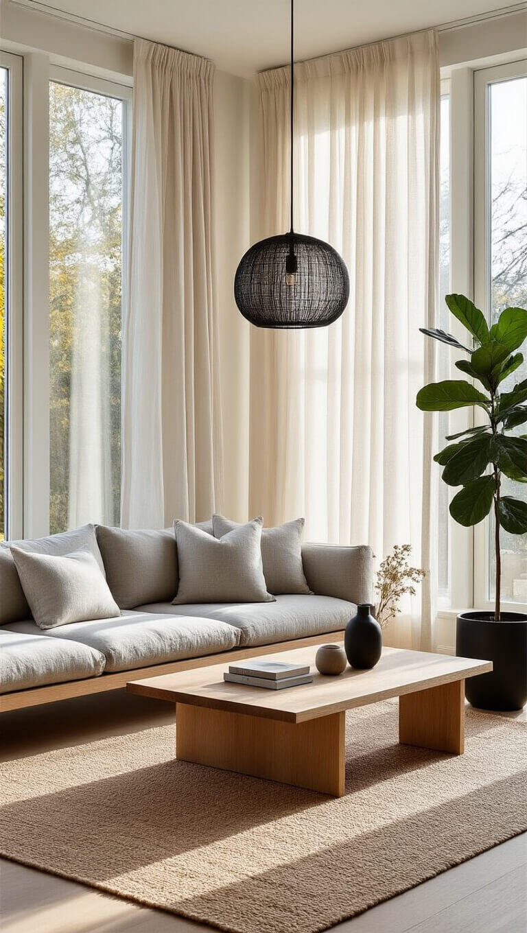 Serene living room at golden hour with floor-to-ceiling windows, oak platform sofa, wooden coffee table, jute rug, and fiddle leaf fig in black pot.