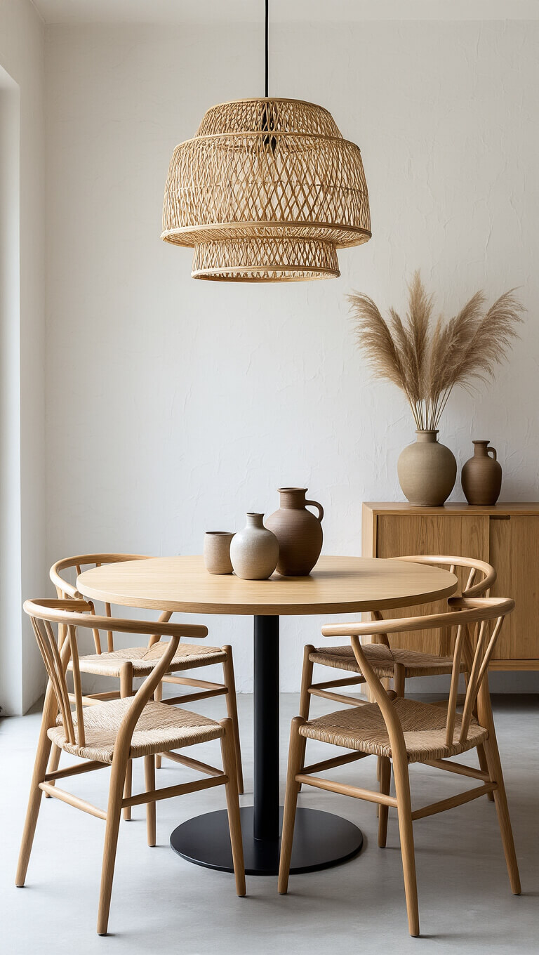 Compact dining area with round ash wood table, curved wooden chairs, bamboo pendant light, and sideboard with ceramic vessels and pampas grass.