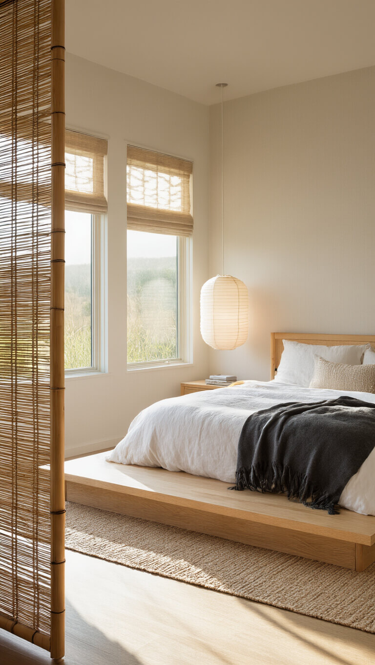 Master bedroom at dawn with platform bed, white linens, charcoal throw, paper lantern glow, bamboo room divider, and natural grass wallcovering.