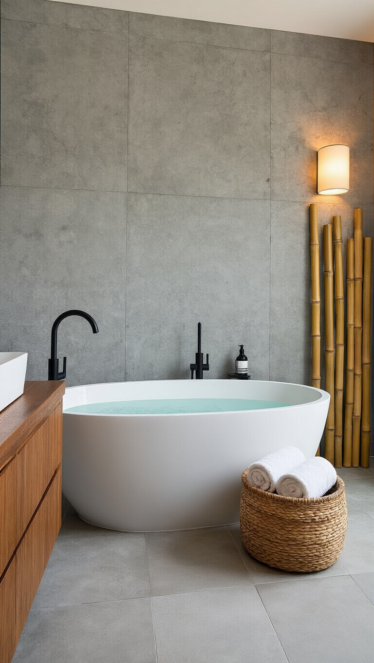 Zen-inspired bathroom with oval soaking tub, grey tile wall, black fixtures, wood vanity, concrete-look tiles, towel basket, bamboo accents, and soft lighting.