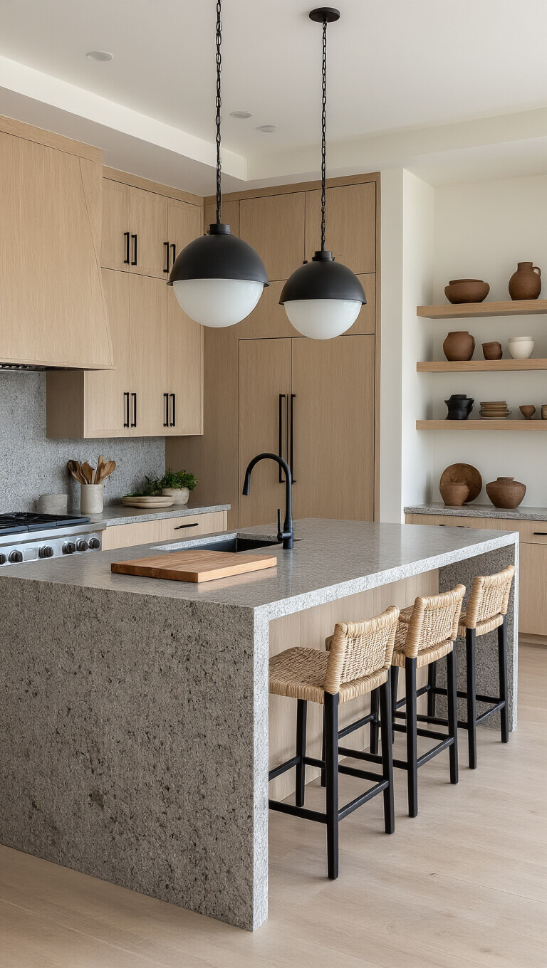 Modern kitchen with honed granite waterfall island, integrated wooden cutting board, light oak cabinets, black hardware, open shelves with handmade ceramics, black metal pendant lights, woven bar stools, and warm layered lighting.