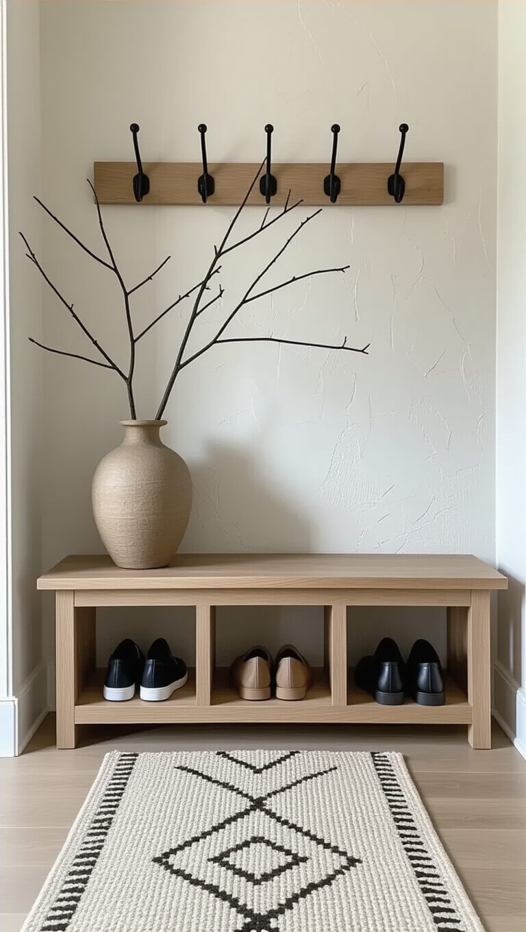 Entryway with pale oak bench and shoe storage, black coat hooks on textured white wall, geometric runner, and ceramic vase with branch.