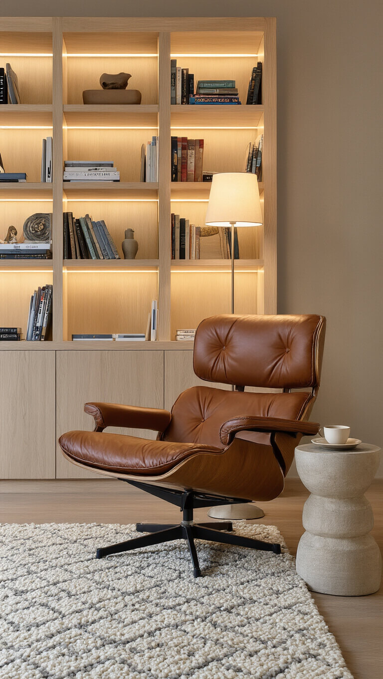 Cozy reading corner with cognac leather lounge chair, light wood bookshelves with LED lighting, cream and grey rug, paper floor lamp, and ceramic side table with a cup of tea.