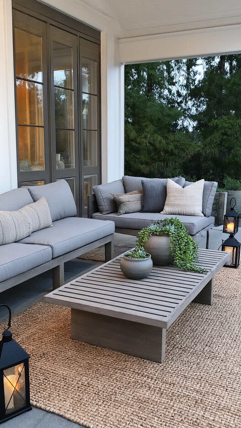 Covered patio with grey outdoor sofa, wooden coffee table with succulents, black lanterns, and natural fiber rug at blue hour.