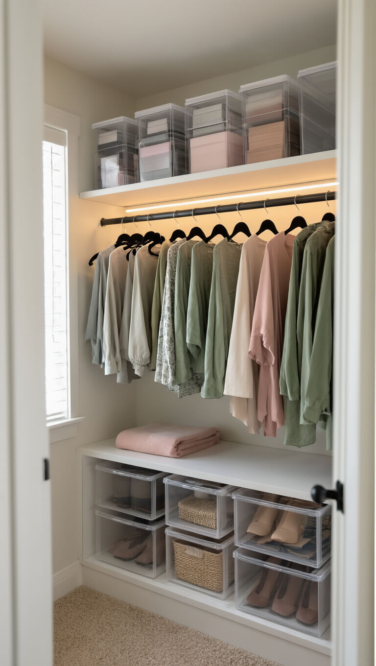 Modern minimalist 4x6 closet with white shelving, capsule wardrobe on black velvet hangers, clear acrylic boxes above, and warm LED lighting.