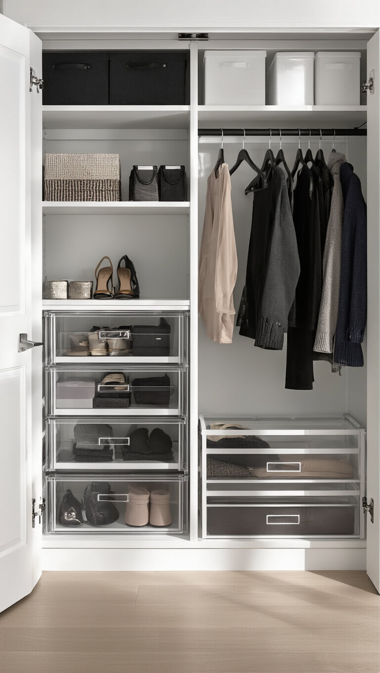 Boutique-style reach-in closet with vertical storage, black double hanging rods, acrylic drawers, labeled boxes, and over-door accessory organizer in soft natural light.