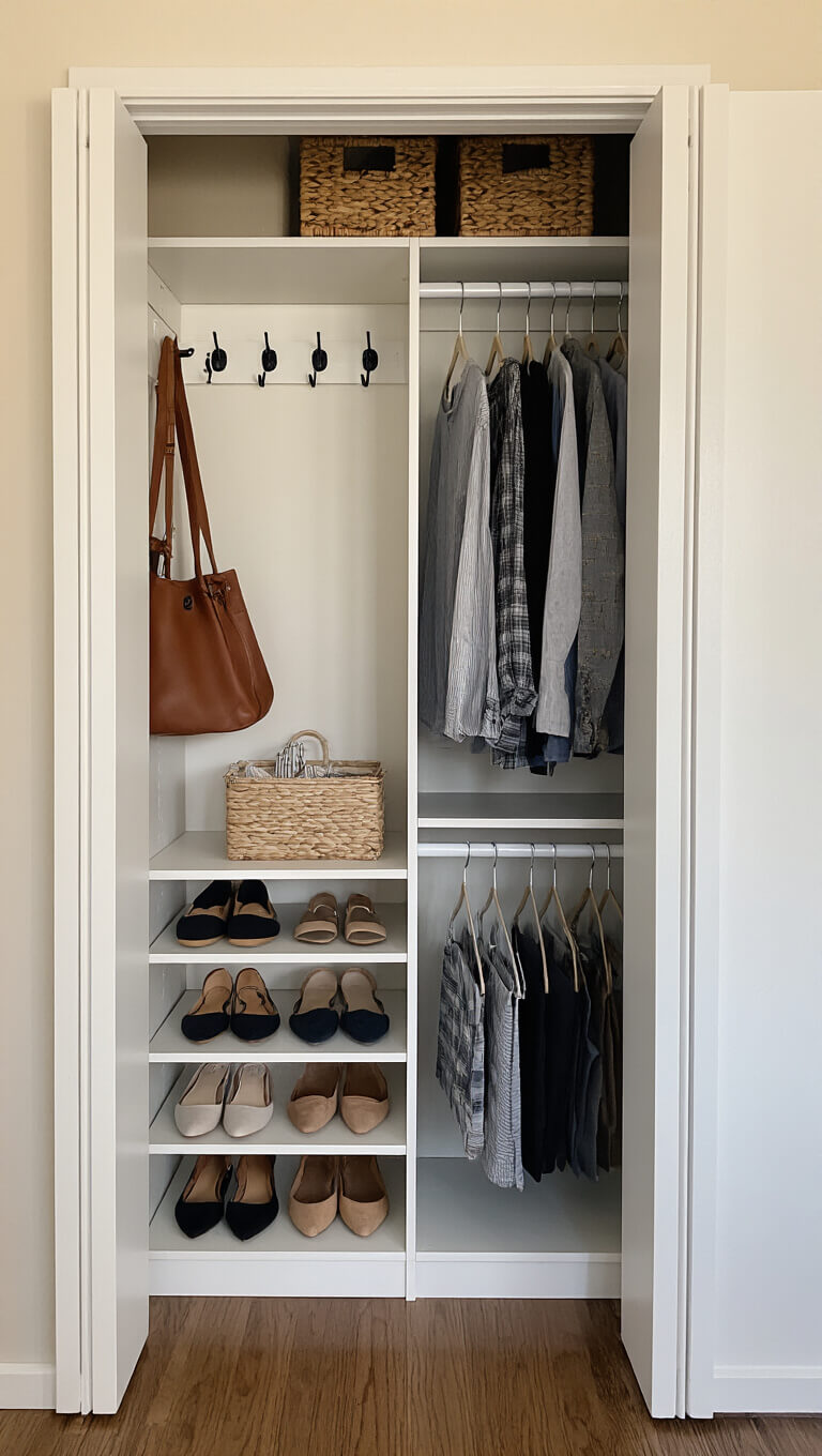 Compact 2x4 foot wall closet with white shaker doors open, showing organized storage with IKEA LACK shoe shelf, Command hooks holding bags, and color-sorted clothes on a tension rod, lit by golden hour sunlight.