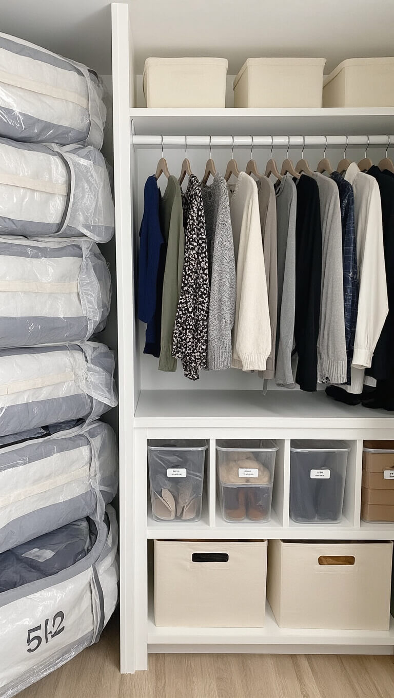 Organized 5x3 closet with vacuum-sealed clothing on top shelf, labeled clear bins, current wardrobe on velvet hangers, and cream canvas boxes on lower shelves.