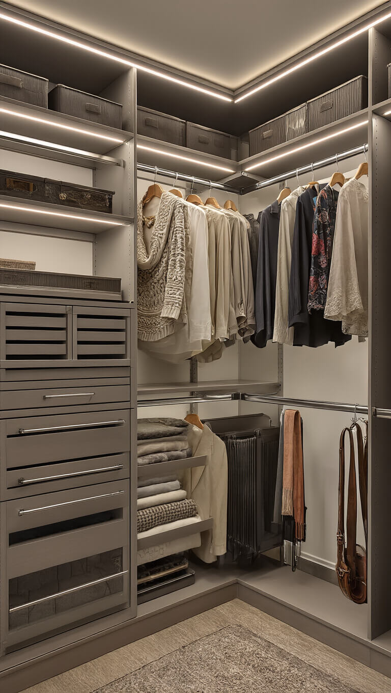 Luxury 4x4 foot closet with Elfa door system, LED lighting, jewelry drawer, scarf storage, belt hooks, and brushed nickel rods, viewed from corner angle.