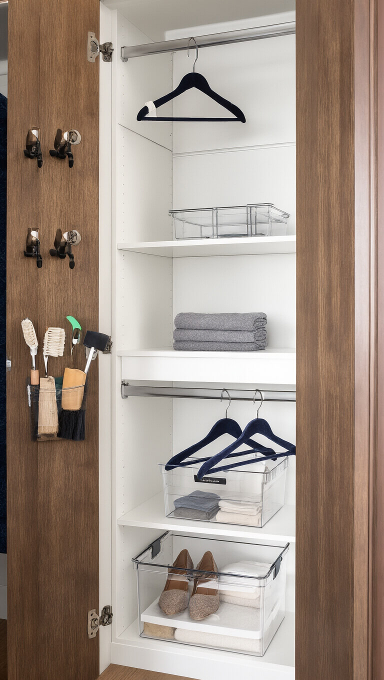 Organized 3x6 foot closet with clear storage bins, graphite velvet hangers, and door-mounted cleaning tools in morning light.