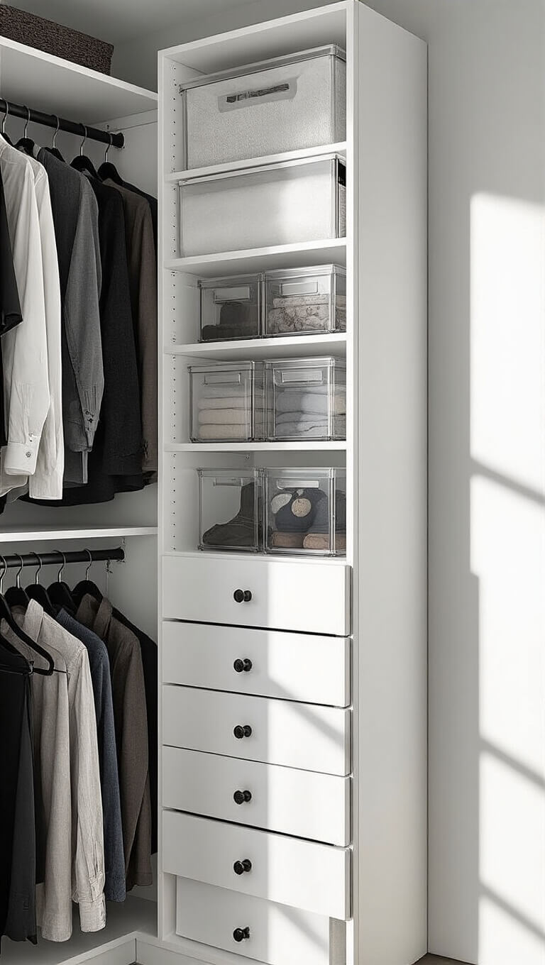 Overhead view of ultra-compact 2x3 foot closet with vertical storage, acrylic drawers, slim hangers, over-door accessory organizer, and industrial-modern black and white design.