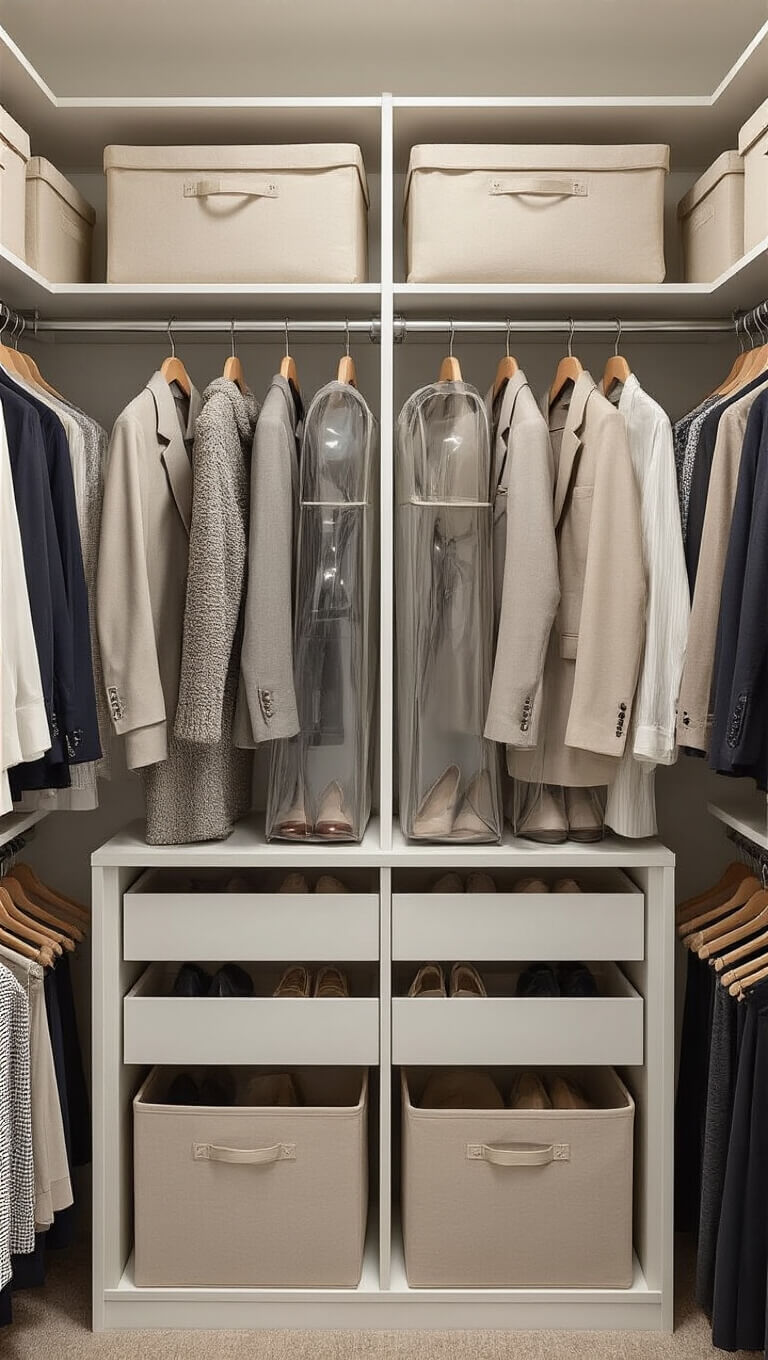 Organized 4x5 foot closet with everyday clothes on uniform hangers, garment bags above, adjustable shoe shelves, and neutral canvas storage boxes, all in natural daylight.