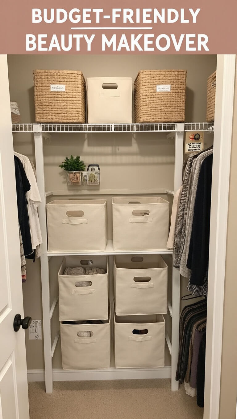 Budget-friendly 3x4 foot closet makeover featuring Target canvas boxes, command hook accessory wall, and double hanging rods in warm beige and white tones, lit by morning light.