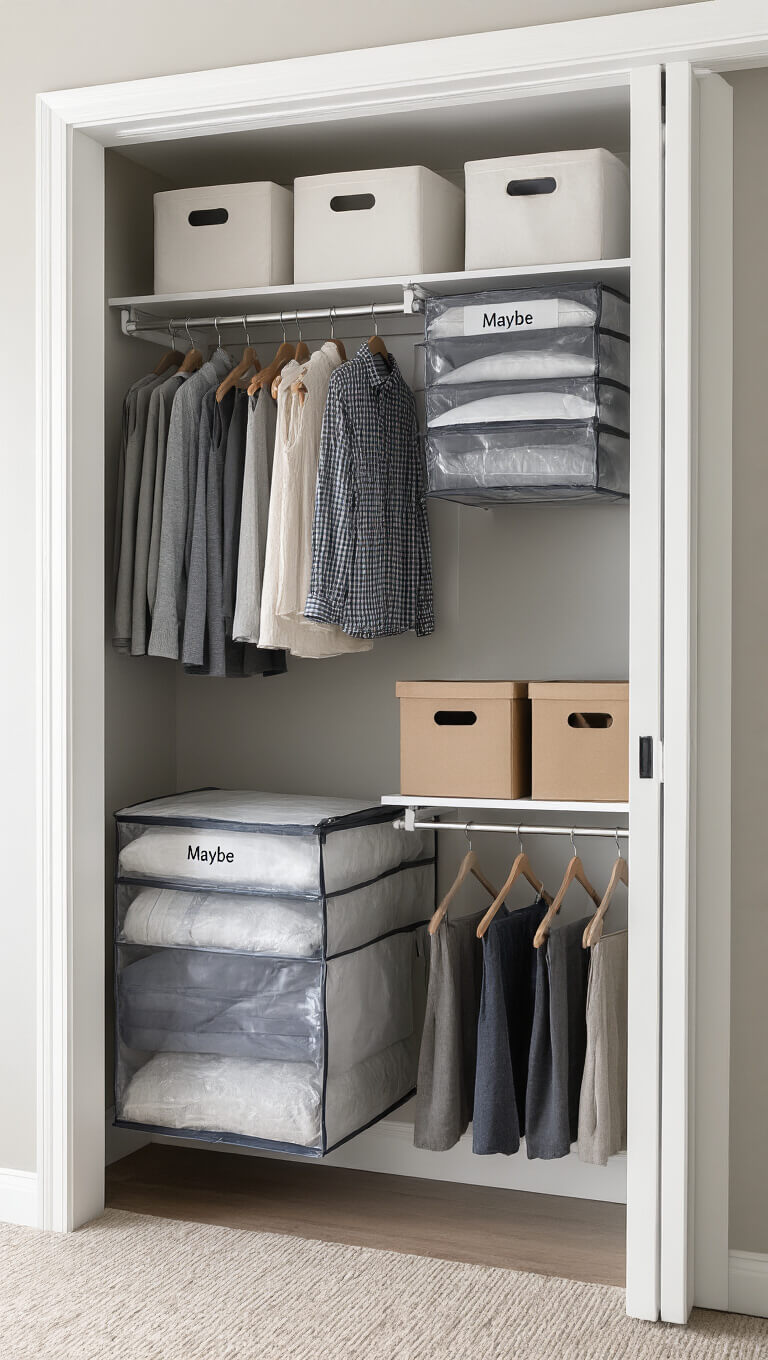 Organized 4x6 closet in transition, featuring vacuum storage bags on upper shelf, seasonal clothes on main rod with uniform hangers, and labeled “maybe” box on floor, in natural midday light with cool gray and clear storage elements.