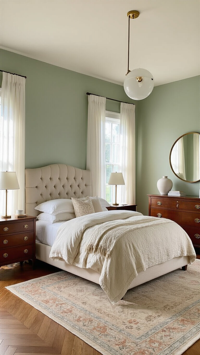 Sunlit sage green bedroom with king bed, vintage mahogany dresser, and brass accents on herringbone floors with Persian rug.