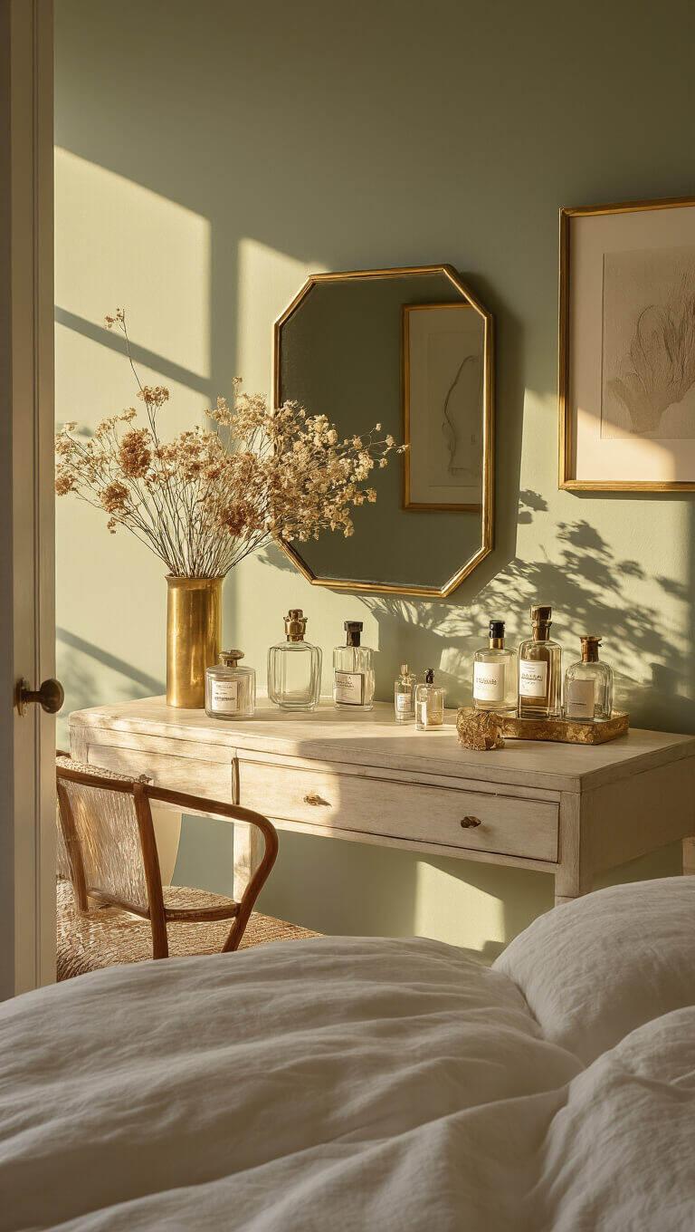 Golden hour light casts warm shadows in a sage-colored bedroom featuring a vanity with frosted glass vessels, antique perfume bottles, dried flowers in a brass vase, and an art deco mirror, contrasted by modern abstract art and an antique white linen chair.