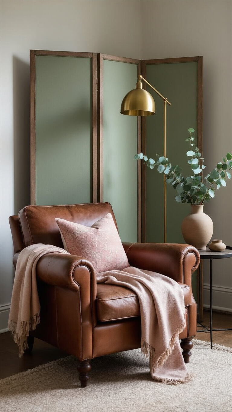 Cozy bedroom corner with weathered leather armchair, blush geometric throw, sage green vintage screen, brass floor lamp, antique side table with eucalyptus in ceramic vase, softly lit by natural window light.