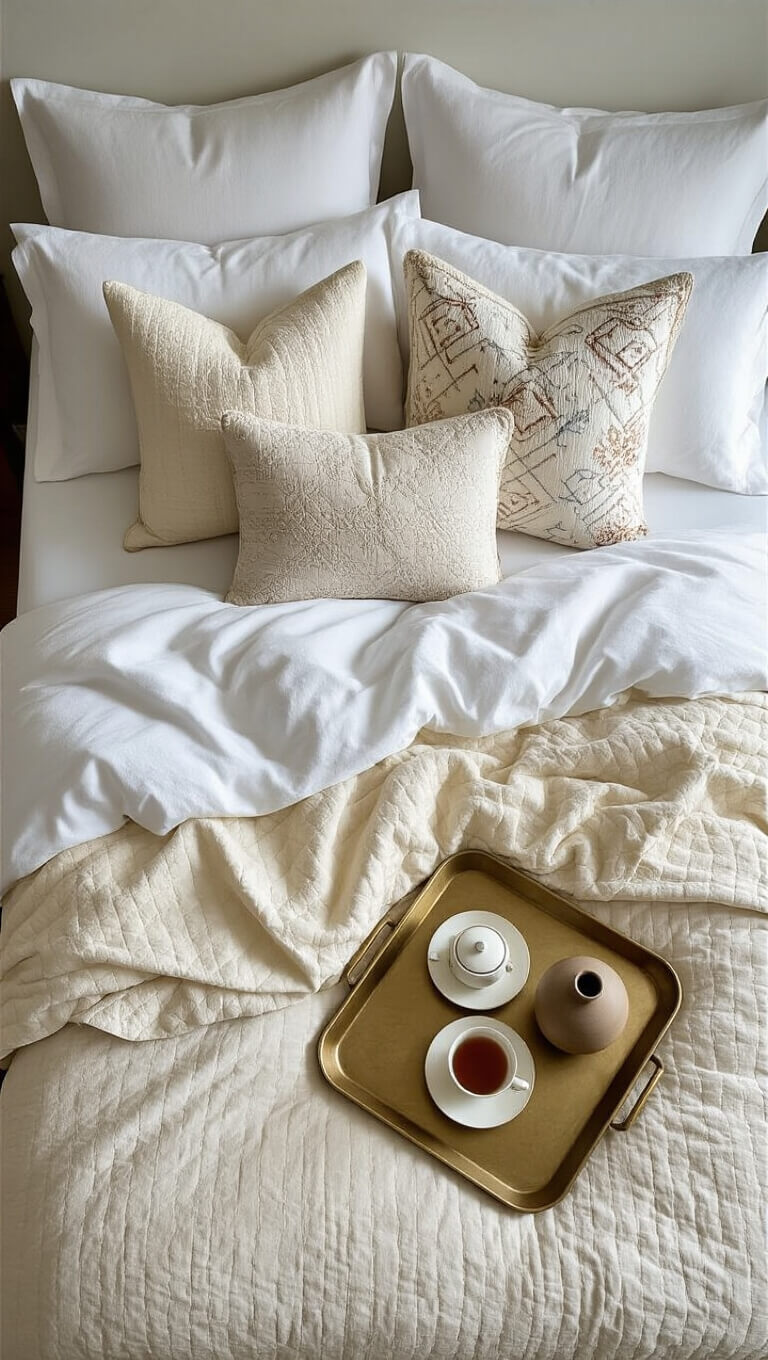 Bird's eye view of layered neutral bedding with white linens, cream quilt, mixed-pattern pillows, and brass tray holding vintage teacup and ceramic vase in morning light.