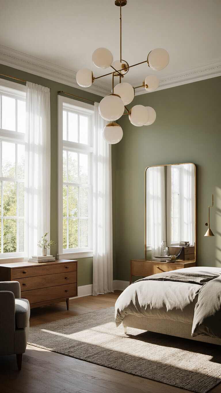Wide-angle view of a modern bedroom with vintage touches, featuring crown molding, asymmetrical globe pendant lighting, sage walls, and golden evening light highlighting floor-length mirrors, sheer curtains, and a mix of vintage and contemporary furniture.