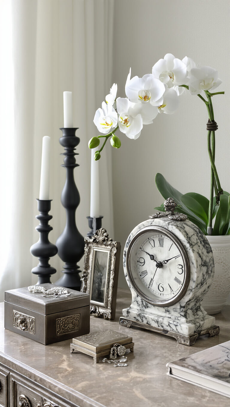 Vintage marble clock centered on dresser with black candlesticks, silver picture frames, white orchid, and vintage jewelry box in soft natural light.