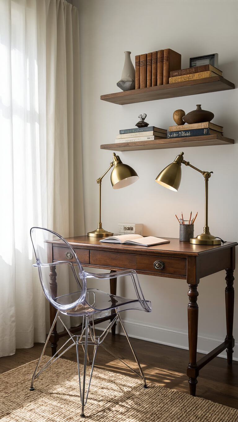 Styled workspace corner with antique desk, modern acrylic chair, brass lamp, tech accents, and shelves blending vintage books and modern art in soft morning light.
