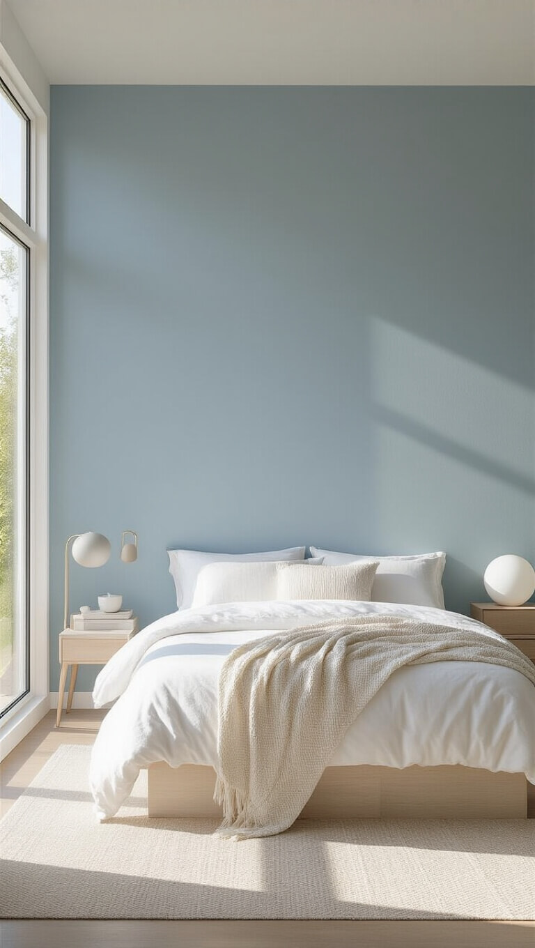 Serene bedroom with Glass Slipper blue accent wall, white oak platform bed, ivory linens, and morning light streaming through floor-to-ceiling windows.