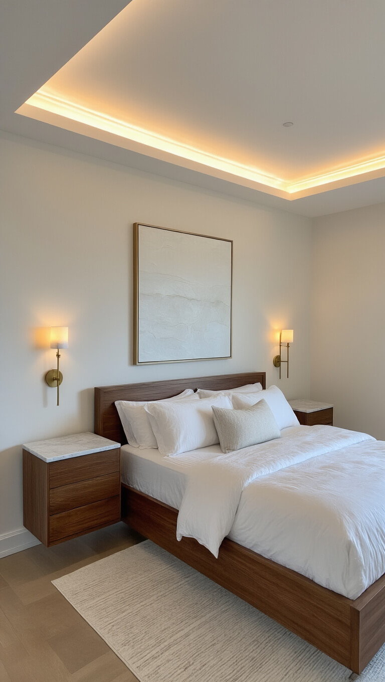 Minimal primary bedroom with warm LED cove lighting, walnut platform bed, white bedding, Glass Slipper accent wall, floating marble nightstands, brass sconces, and abstract artwork in a calming evening setting.