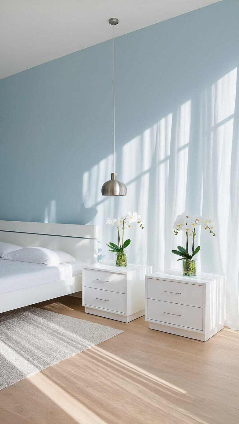 Minimalist 15x18ft bedroom with light oak floors, soft blue accent wall, white lacquered bed, symmetrical nightstands with orchids, sheer linen curtains, and brushed nickel pendant light.
