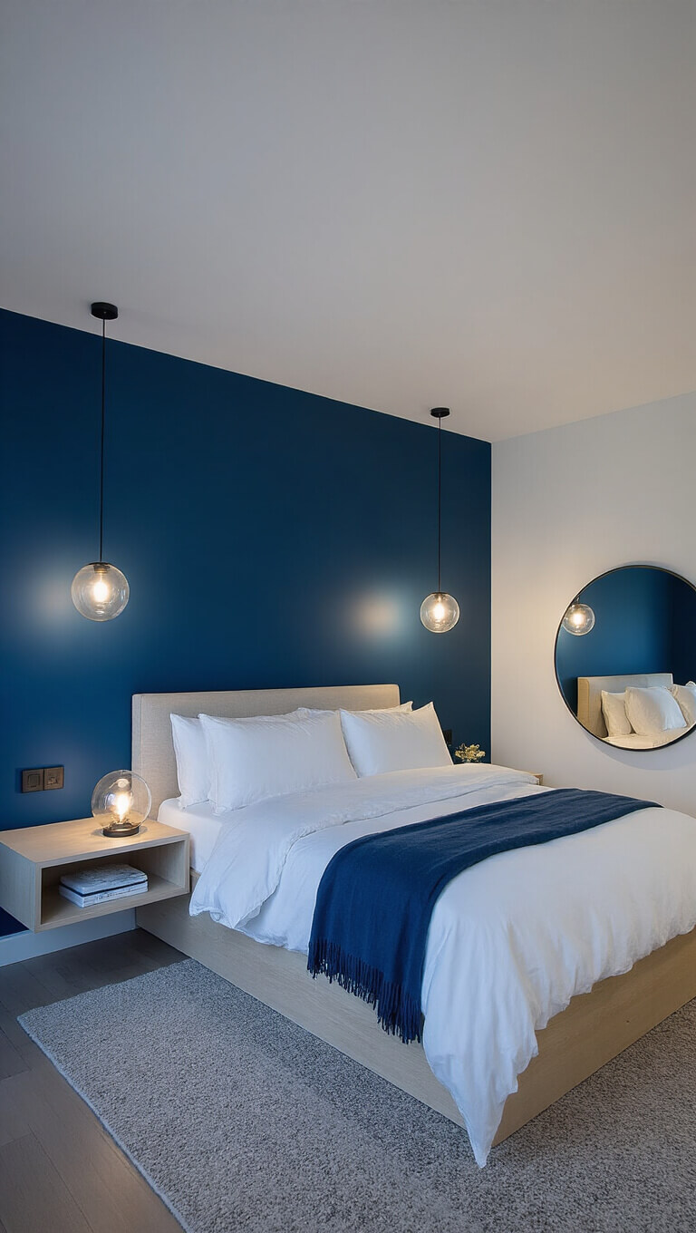 Minimalist 13x15ft bedroom at twilight with a blue accent wall, low-profile oak bed, white linens, floating bedside tables, globe lamps, and a round mirror reflecting warm sconces.
