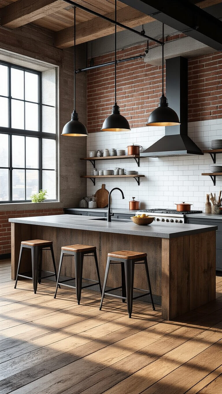 Modern industrial kitchen with morning light, concrete countertops, exposed brick, reclaimed wood island, and factory-style windows.