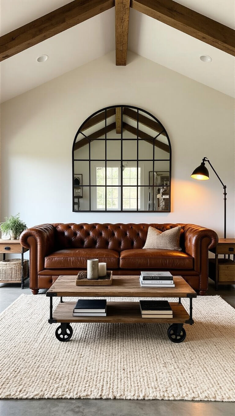 Cozy farmhouse living room with vaulted ceiling, exposed wooden beams, and cognac leather Chesterfield sofa centered on a cream rug with rustic and industrial decor elements.