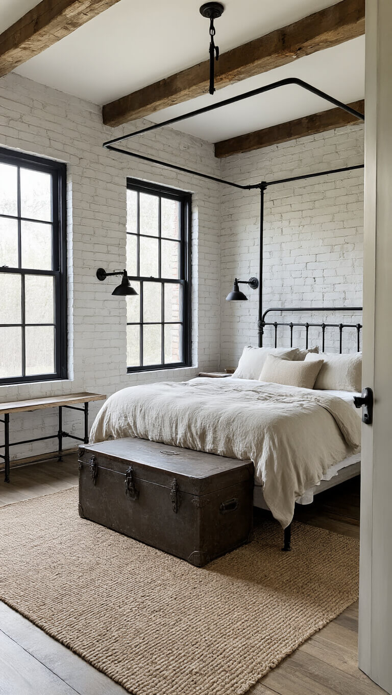 Industrial-style bedroom with iron canopy bed, ivory linen bedding, whitewashed brick walls, and warm afternoon light through black-framed windows.