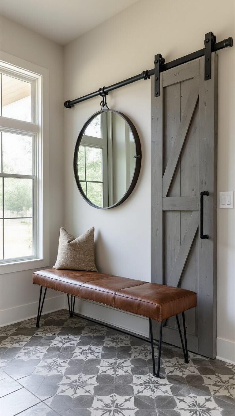 Modern farmhouse entryway with sliding gray barn door, vintage tile floor, industrial coat rack, round riveted mirror, and leather bench with hairpin legs.