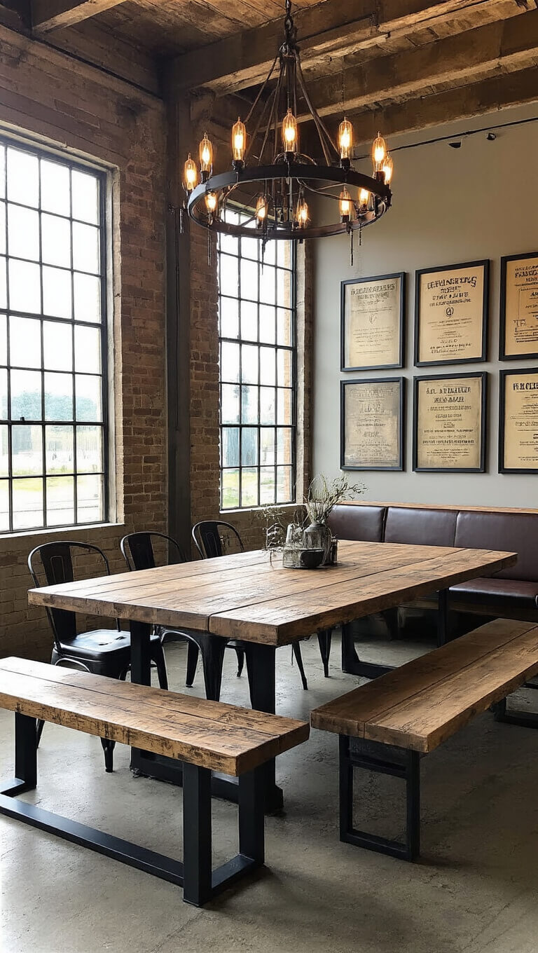 Rustic industrial dining room with reclaimed wood table, metal chairs, Edison bulb chandelier, and vintage patent gallery wall in afternoon sunlight.