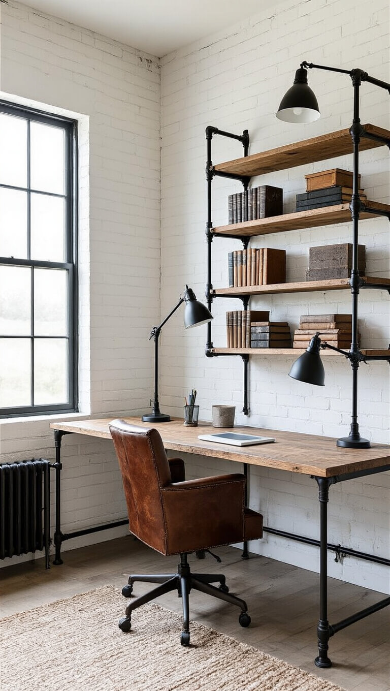 Industrial farmhouse home office with L-shaped reclaimed wood desk, vintage leather chair, pipe shelving, and black task lamps in a bright 12x14ft space with white brick walls.