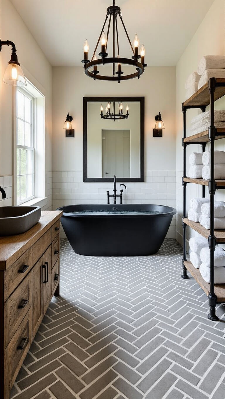 High-angle view of a 10x12ft farmhouse bathroom with herringbone concrete tile floor, black soaking tub under industrial chandelier, reclaimed wood vanity with concrete sink, black fixtures, frosted window light, and open shelving with white towels.