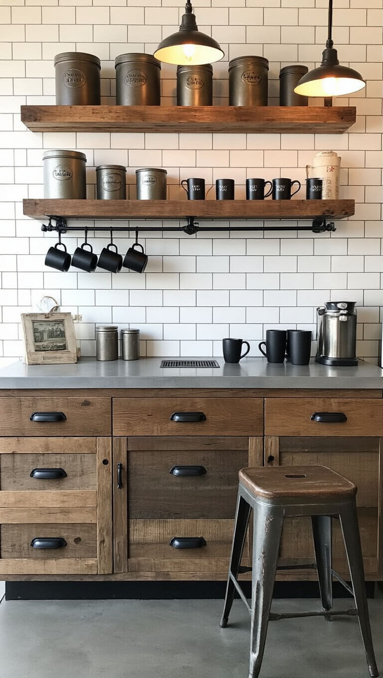 Industrial coffee bar with subway tile backsplash, floating wood and metal shelves holding vintage canisters and black mugs, concrete countertop with drip tray, reclaimed wood cabinets, and vintage metal stool.