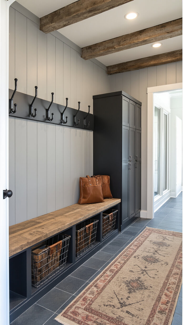 Modern farmhouse mudroom with gray board and batten walls, black metal lockers, reclaimed wood bench, industrial hooks on a weathered beam, slate floor, and vintage runner.