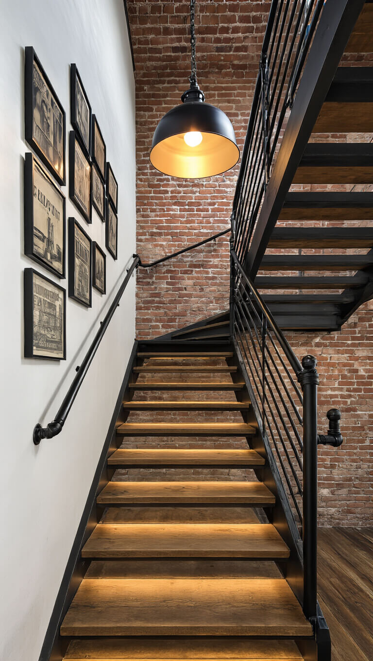 Low-angle view of industrial loft stairwell with black metal railings, reclaimed wood steps with LED lighting, vintage print gallery wall, factory pendant light, and exposed brick wall with German smear.