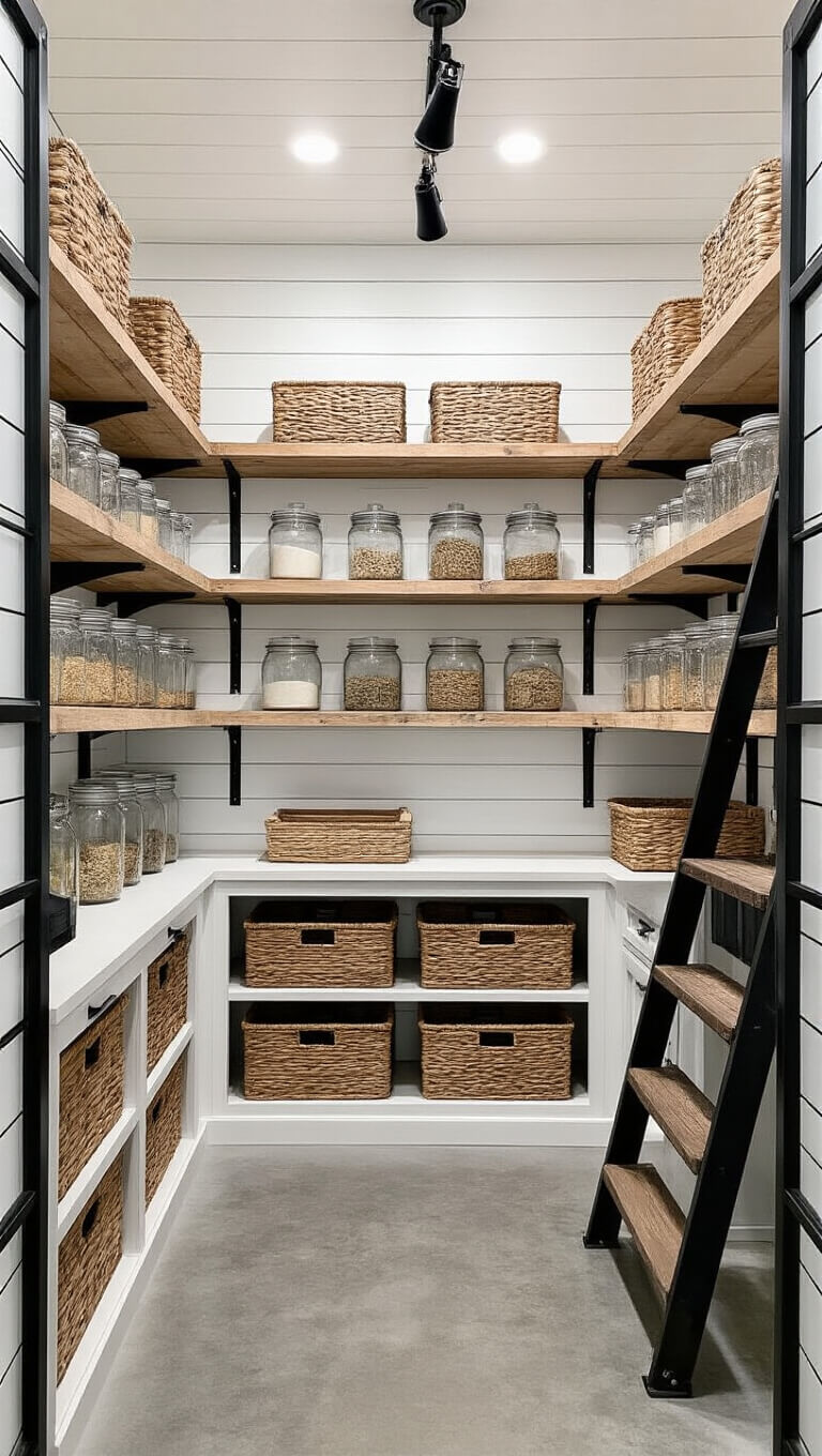 Organized farmhouse pantry with white shiplap walls, metal and wood shelving, glass jars, woven baskets, rolling ladder, and stained concrete floor.