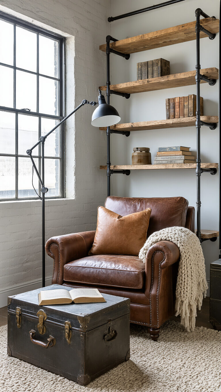 Cozy industrial reading nook with leather armchair, pipe bookshelf, metal trunk side table, and floor lamp under factory windows.