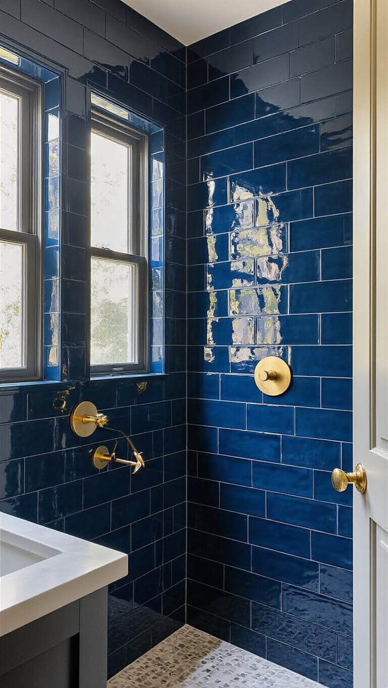 Corner view of a small powder room with glossy navy vertical tiles, brass fixtures, and warm golden hour lighting highlighting textures and accents.
