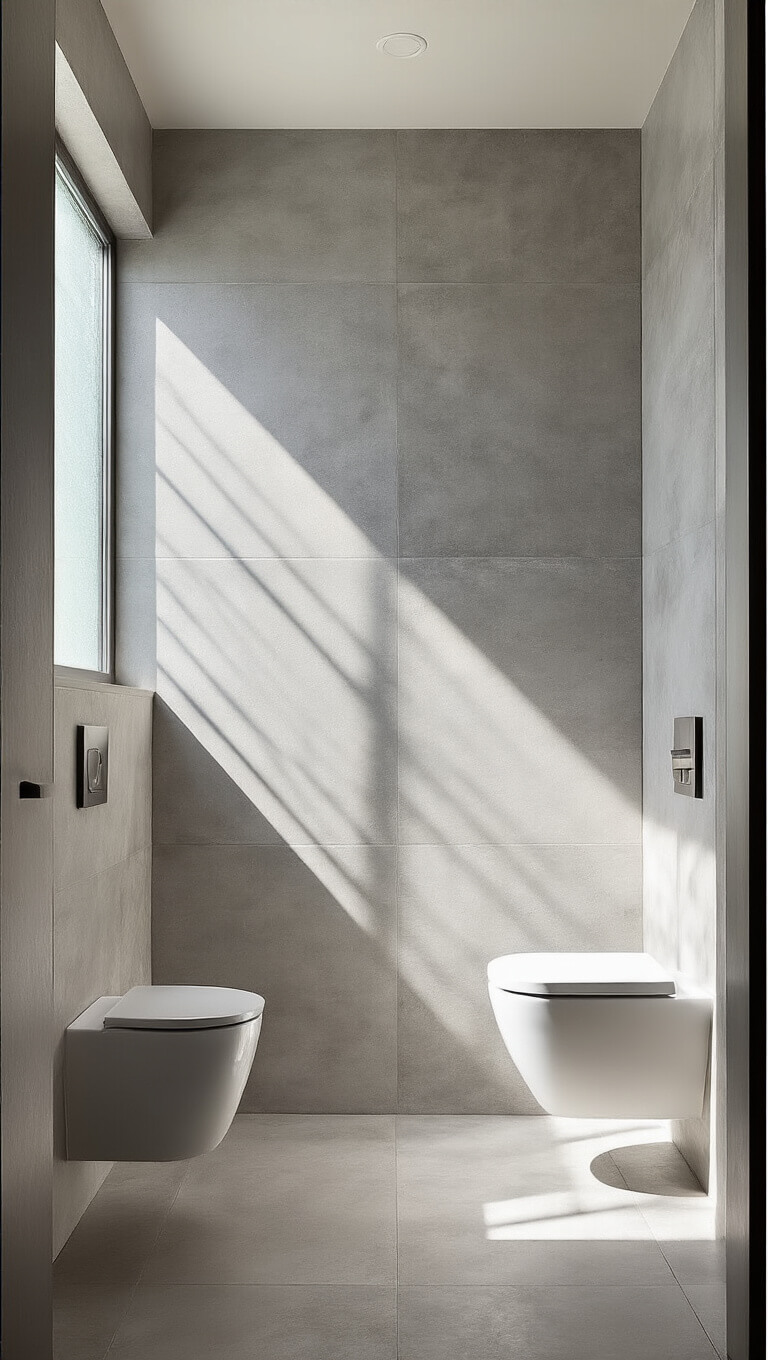 Modern 5x7 bathroom with diagonal light gray concrete-look tiles, floating toilet, wall-mounted fixtures, and afternoon light casting shadows through textured glass.