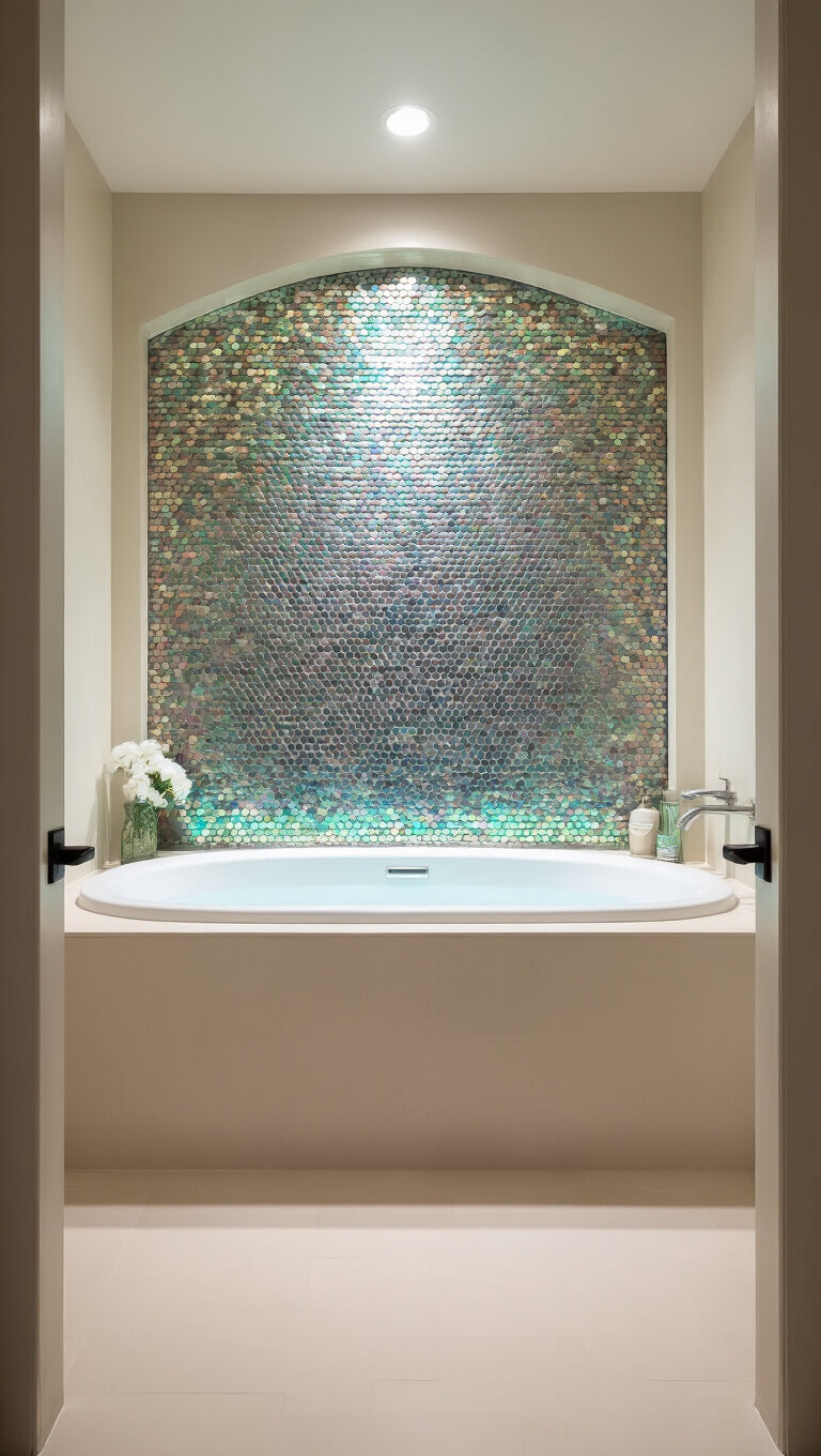 Luxurious 6x8 bathroom with shimmering mother-of-pearl penny tile feature wall behind freestanding tub, cream porcelain walls, and soft LED cove lighting.