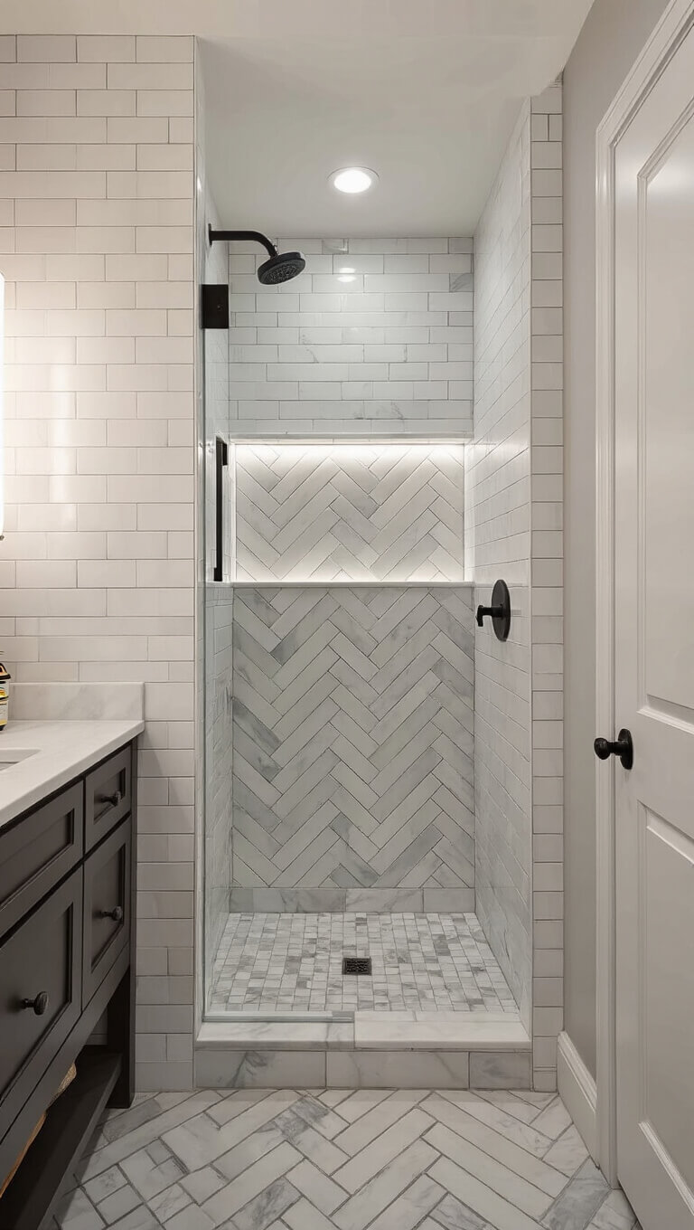 Sophisticated 5x9' bathroom with herringbone marble-look shower tiles, oversized white subway wall tiles, and backlit mirror in dawn light.