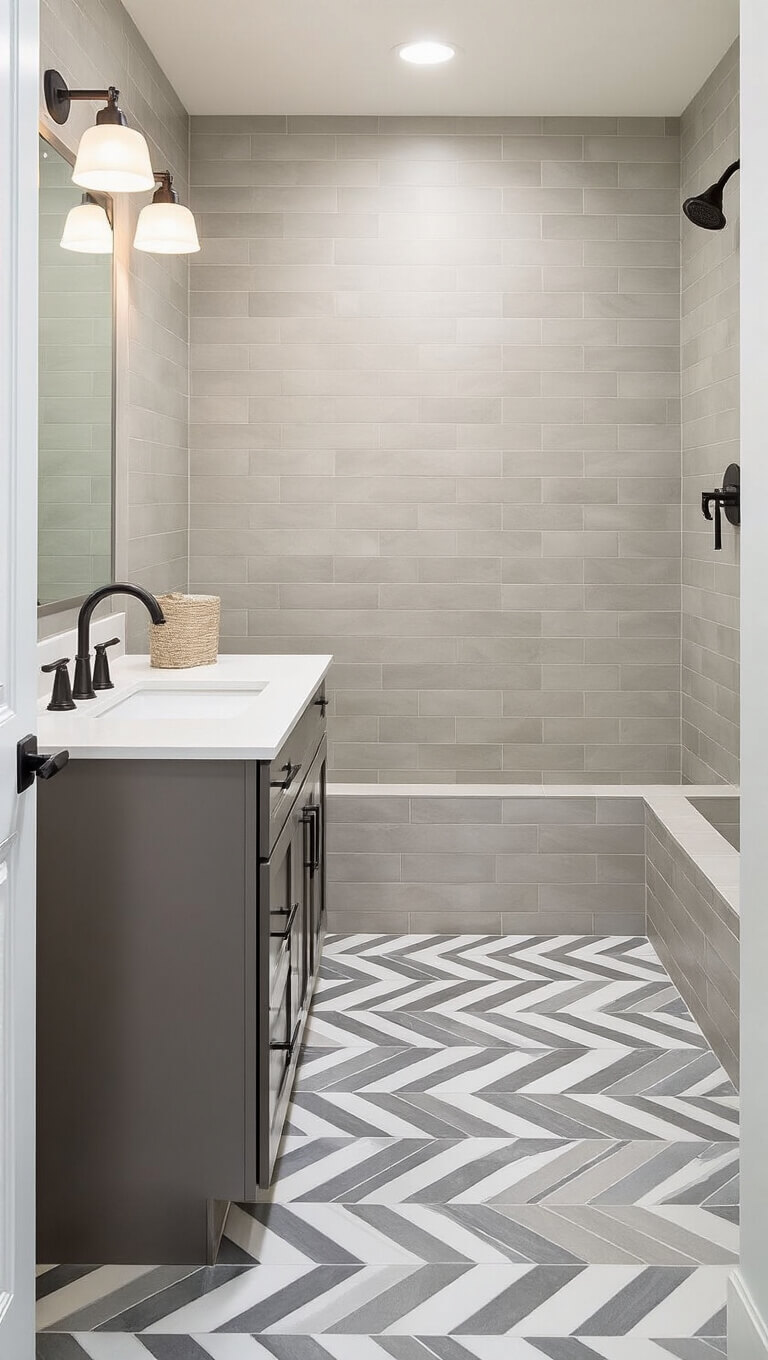 Contemporary 7x8 bathroom with gray and white chevron porcelain floor, large greige wall tiles, and mixed metal fixtures in brushed nickel and matte black, viewed from above.